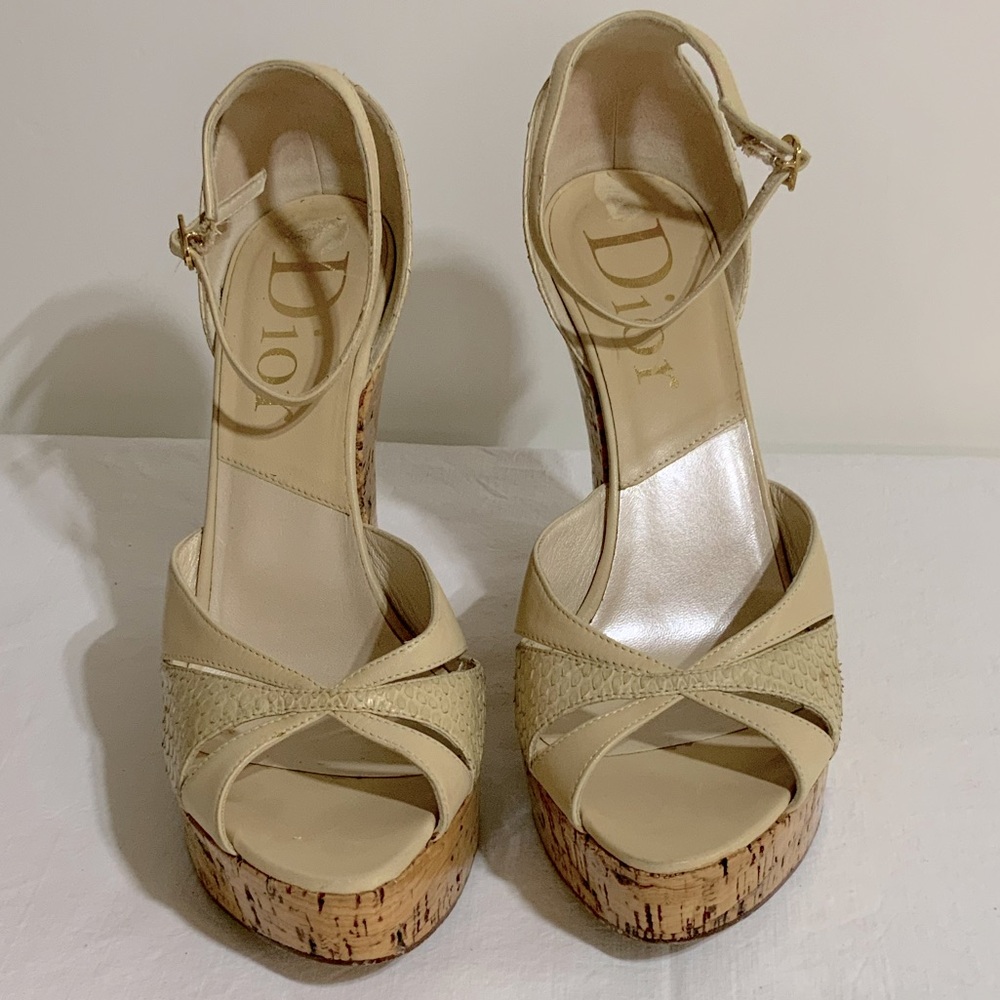 Christian Dior - Beige leather and snake skin open toe cork wedge